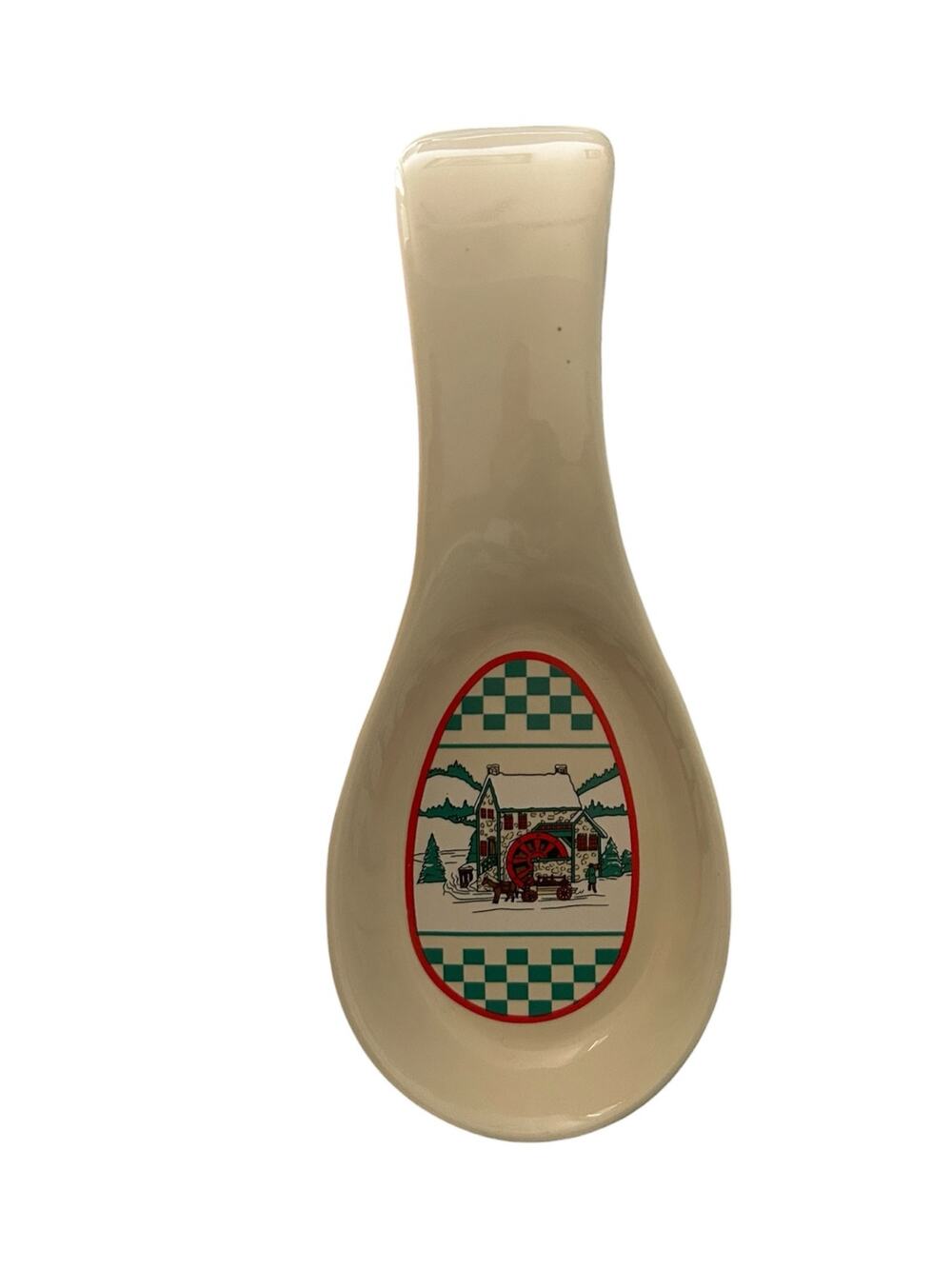 Vintage Ceramic Spoon Rest Winter Watermill Village Scene Kitchen Counter Decor